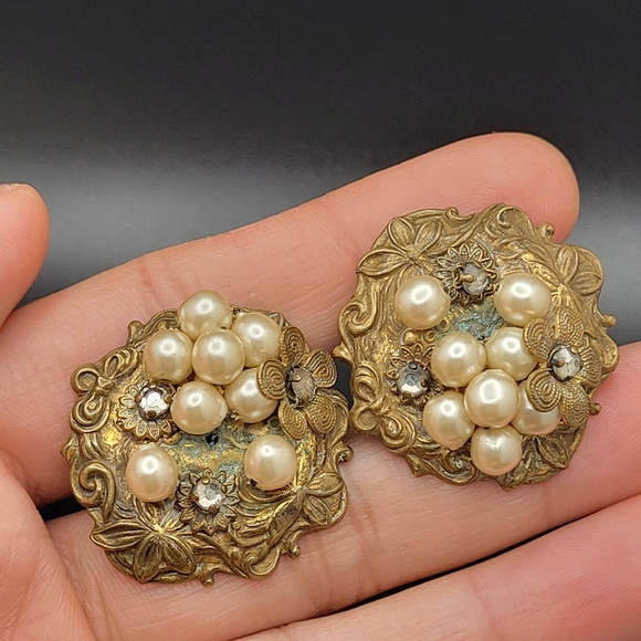 Jewelry - Vintage Art Nouveau Brass Faux Cluster Pearl Sterling Clip-On Earrings *AS-IS*
